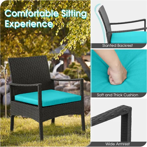 Vista 7 de HAPPYGRILL Juego de 4 muebles de mimbre para patio, juego de conversación de mimbre de polietileno, sofá de ratán con cojines, mesa de centro