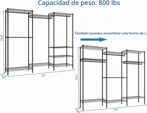 Vista 6 de Perchero de ropa resistente, estante de ropa independiente, estante de metal para ropa, estante de armario ajustable personalizado, 75 pulgadas