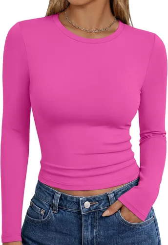 Vista 28 de Trendy Queen Camisetas de manga larga para mujer, camisetas básicas de Verde militar