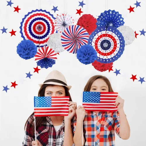Vista 4 de MOVINPE Juego de decoraciones patrióticas para fiestas del 4 de julio, abanicos de papel para colgar con la bandera estadounidense, bolas de flores