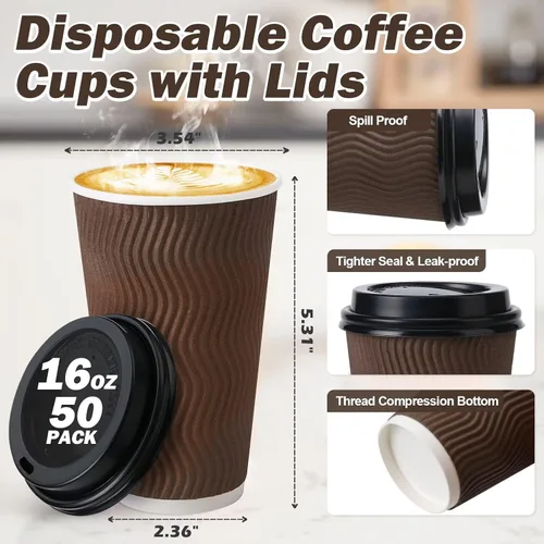 Vista 2 de Tazas de café de papel desechables aisladas de 16 onzas con tapas Marrón