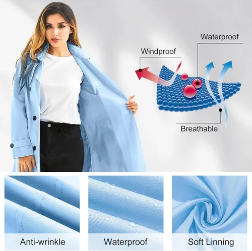 Vista 5 de FARVALUE Gabardina impermeable para mujer, rompevientos de doble botonadura, clásico con solapa con cinturón y capucha extraíble