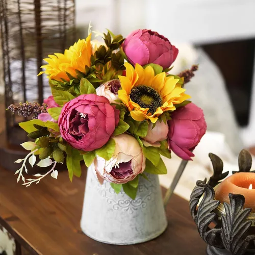 Vista 2 de FiveSeasonStuff ''Country Cottage'' - Ramo de flores artificiales de peonías y girasoles rosa seda