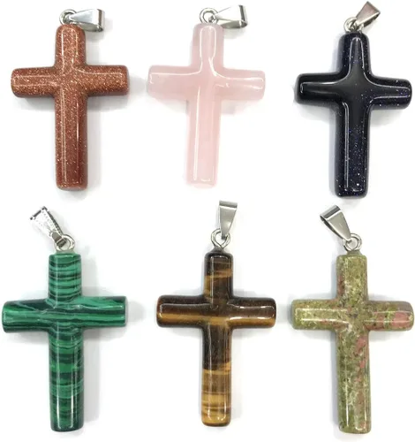 Vista 2 de LE SKY 4 colgantes de piedra natural con forma de cruz de ágata de cristal de chakras semipreciosos para hacer joyas azul turquesa