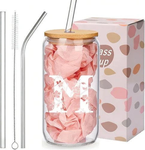 Vista 19 de Regalos personalizados para mujeres, tazas de vidrio con monograma con tapas y pajitas, regalos personalizados para mujeres, vasos de café helado