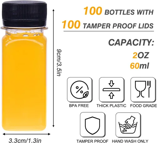 Vista 2 de TOMNK 100 botellas de plástico de 2 onzas con tapas, recipientes reutilizables transparentes para bebidas a granel para inyección de jengibre, jugo