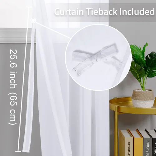 Vista 8 de Hiasan - Cortinas traslúcidas de gasa cortas semitransparentes con ojales y alzapaños filtrantes de luz para ventana, dormitorio, baño, 2 paneles