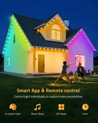 Vista 2 de Luces Permanentes para Exteriores de 111 Pies, 72 Luces RGB para Aleros con Control de Aplicación Remota, IP65 Impermeables Luces de Eternidad