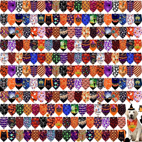 Vista 10 de Newwiee - 200 bandanas de Halloween para perro, diseño de fantasma, grandes Bufanda triangular para mascotas, patrón de calabaza, murciélago