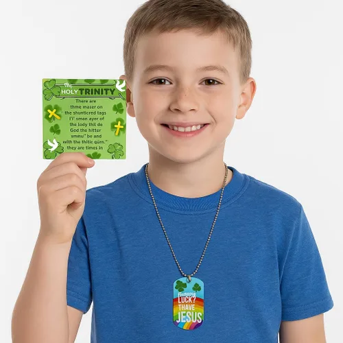 Vista 2 de Biblebanz Collares de etiqueta de perro de fe del día de San Patricio con tarjetas de trébol de la Santísima Trinidad, significado del trébol
