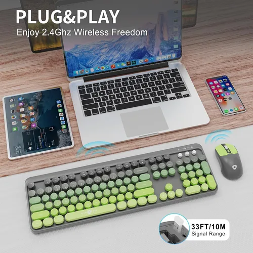 Vista 2 de Combo de teclado y mouse inalámbricos FD Lindo teclado y mouse colorido con teclado retro inalámbrico de 2.4GHz estilo máquina de escribir