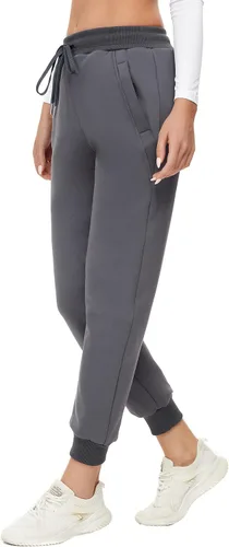 Vista 4 de MOUEEY Pantalones deportivos súper cálidos con forro de sherpa para mujer, pantalones deportivos de forro polar con bolsillos con cremallera