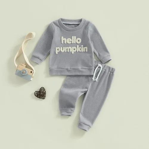 Vista 8 de Toddler Baby Boy Halloween Outfit Hello Pumpkin Sweatshirt Pullover Tops Pants Fall Winter Clothes Set