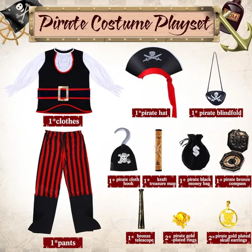 Vista 2 de Hillban Disfraz de pirata para niños, juego de rol, vestido de pirata, suministros de fiesta de cumpleaños, accesorios y juguetes para fiestas