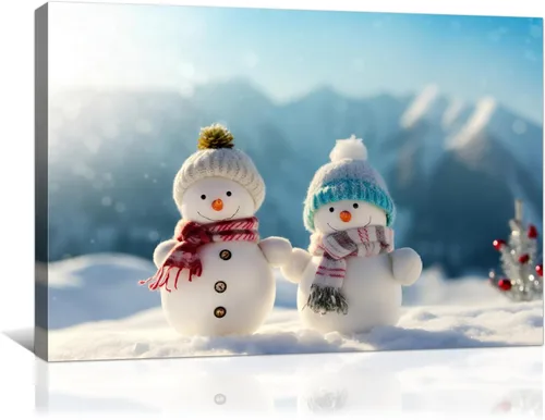 Vista 14 de gaosoul Lienzo de muñeco de nieve navideño para pared, lindo muñeco de nieve en pintura de paisaje nevado, póster navideño para sala de estar