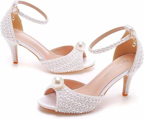 Vista 2 de Crystal Queen Sandalias de tacón de aguja de 3 pulgadas con perlas, puntera abierta, para novia, boda, fiesta, vestido, zapatos de mujer, sandalias