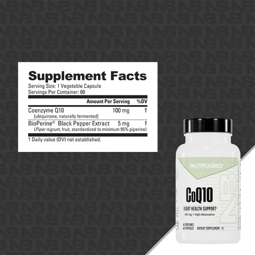 Vista 2 de NutraBio Suplemento dietético CoQ10, función cardíaca saludable y producción de energía celular, 100 mg - 60 cápsulas
