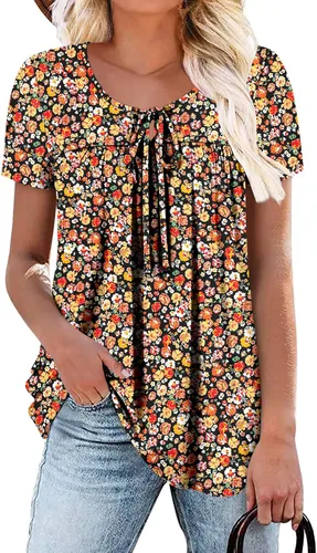 Vista 42 de BETTE BOUTIK Blusas de verano para mujer, plisadas, de manga corta, con cordón, cuello redondo, tallas S-3XL
