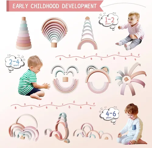 Vista 10 de MCGMITT Juguete apilable de arcoíris, apilador de arcoíris de silicona para niños pequeños, bloques de anidación Montessori, juego de juguetes a Rosa