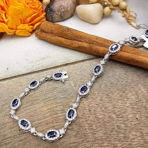Vista 8 de Dazzlingrock Collection Pulsera de eslabones de mujer de diamante blanco de corte ovalado real con zafiro azul y corte redondo, plata esterlina