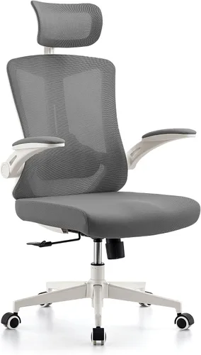 Vista 9 de Silla ergonómica de escritorio de oficina, silla de computadora de malla con ruedas giratorias de 360°, reclinación ajustable de 90-130° y soporte