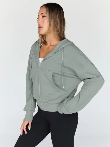 Vista 3 de Trendy Queen Sudaderas con capucha para mujer, con cremallera completa, sudaderas recortadas, chaquetas informales, cómodas, para gimnasio, trajes