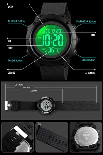 Vista 4 de Reloj digital para niños grandes, resistente al agua, luz trasera militar, reloj para adolescentes 1428, Blazk., Digital
