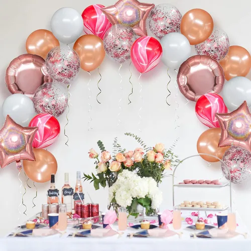 Vista 6 de Decor365 Globos de oro rosa, decoración de fiesta de oro rosa, confeti, rosa, blanco, oro rosa, guirnalda de globos para cumpleaños, boda