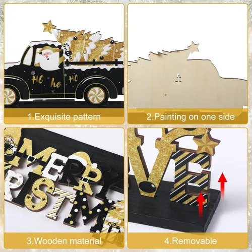 Vista 3 de Capoda 6 piezas de decoración de mesa de Navidad, centros de mesa de Navidad de madera, muñeco de nieve, Papá Noel, gnomo, letreros de Feliz