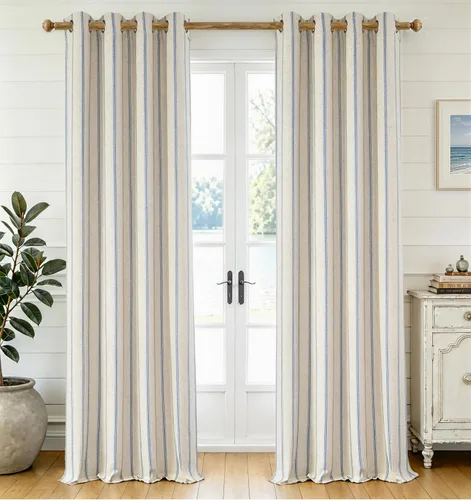 Vista 21 de DriftAway, cortinas de mezcla de lino estilo granja 100% opacas de 63 pulgadas de largo para dormitorio, cortinas de lino con rayas verticales