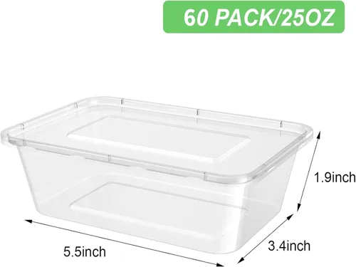 Vista 2 de Bokon 60 recipientes de plástico para preparación de comidas con tapa, contenedores desechables transparentes para almuerzo, caja apilable