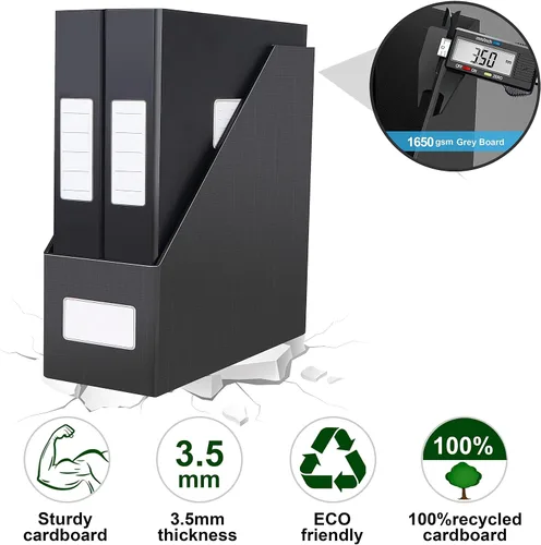 Vista 4 de JiaWei - Portarevistas negros, 3 paquetes de resistente estante de cartón, caja de archivo de organización de escritorio para estantes y escritorio