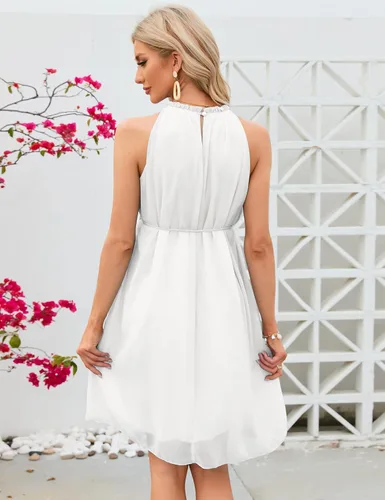 Vista 6 de KOJOOIN Vestido de maternidad con cuello halter y volantes, de verano, casual, bohemio, sin mangas, de cintura alta, fluido para sesión de fotos