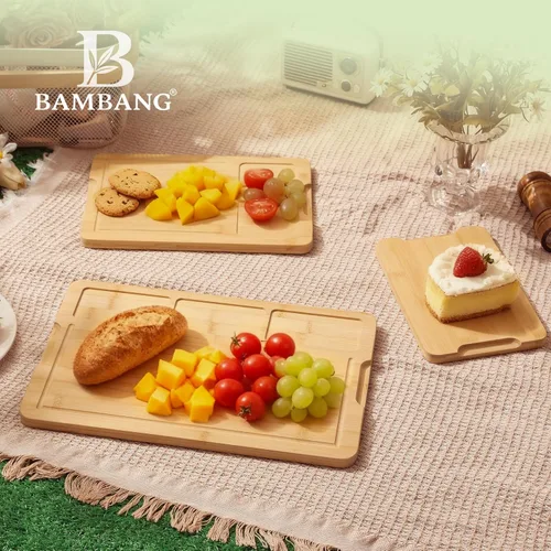 Vista 6 de BAMBANG Juego de tablas de cortar de bambú, tablas de cortar de madera de 3 piezas para cocina, bloque de carnicero no tóxico con ranura para jugo