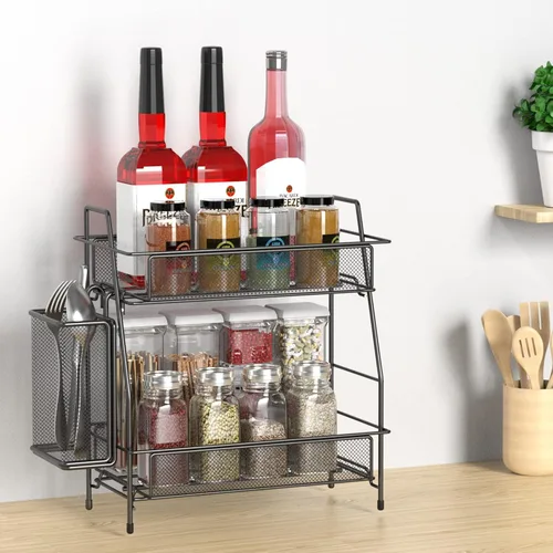 Vista 4 de Organizador de baño con canasta, bandeja de baño de 2 niveles para estante de almacenamiento de encimera, organizador de encimera de baño