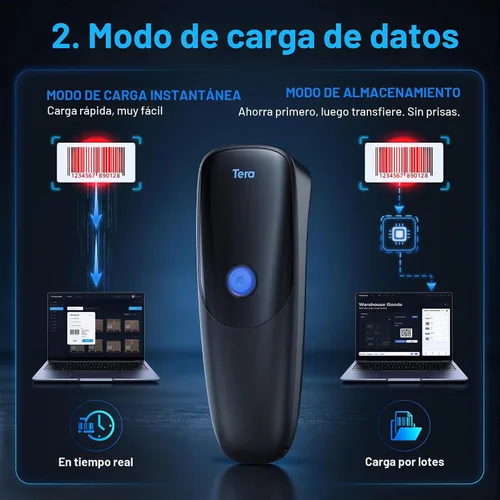 Vista 6 de Tera Escáner de código de barras 2D inalámbrico portátil: BT 2.4G USB 2D azul