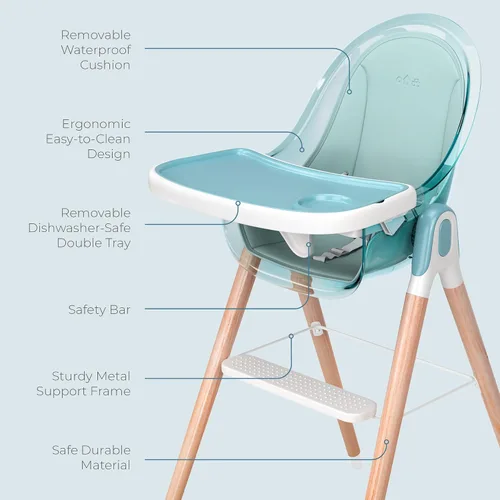 Vista 8 de Silla alta de madera de lujo 6 en 1 para bebés y niños pequeños, moderna, segura y compacta, fácil de limpiar y montar, bandeja y cojín extraíbles