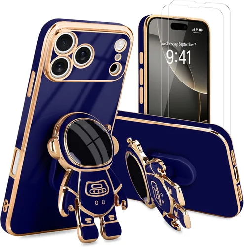 Vista 69 de Pepmune - Funda para iPhone 15 con soporte de astronauta 3D, color negro [2 Screen Protector], Luxury Electroplated Soft TPU Cover with Kickstand