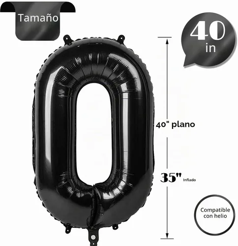 Vista 5 de Globo negro 0 – Globo número 40 pulgadas, decoración de cumpleaños negro 0