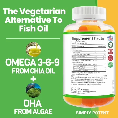 Vista 4 de Simply Potent Omega 3 - Gomitas de aceite de pescado sin pescado sin krill, suplemento vegetariano sin erupciones para hombres, mujeres y niños