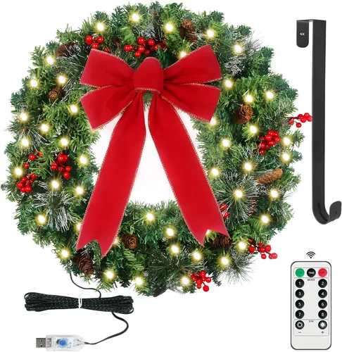 Vista 10 de Corona de Navidad Prelit de 24 pulgadas con Colgador para Puerta Delantera, Decoraciones de Navidad, 8 Modos de Luz, Impermeable, Funciona