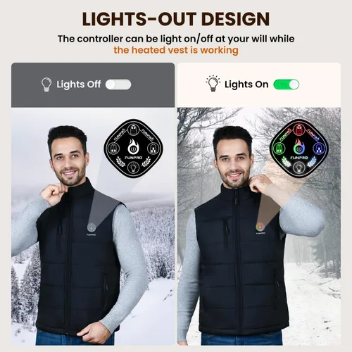 Vista 4 de FUNPRO Chaleco térmico para hombres y mujeres, chaquetas térmicas ligeras, diseño de luces fuera (paquete de baterías no incluidas)