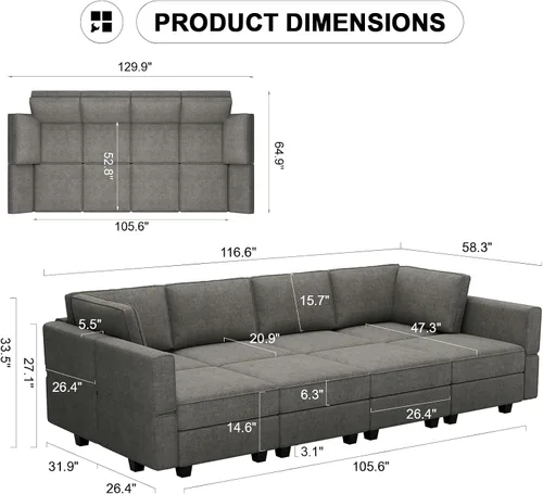 Vista 2 de Belffin - Sofá seccional modular con cama oculta, sofá seccional convertible para sala de estar. Sofá color gris claro