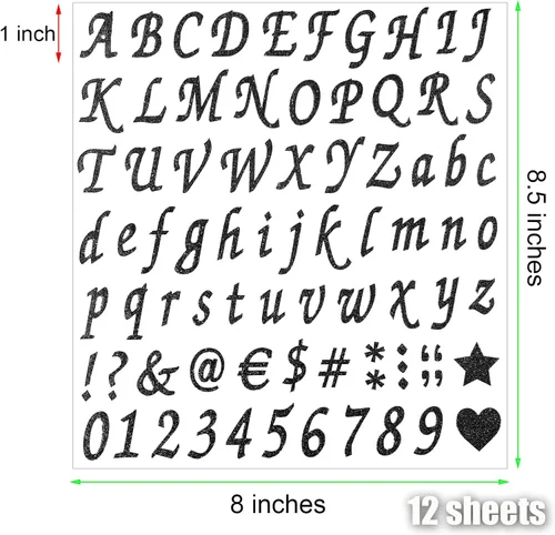 Vista 2 de 12 hojas de calcomanías de letras con purpurina, calcomanías autoadhesivas de números del alfabeto, calcomanías de letras y números para negro