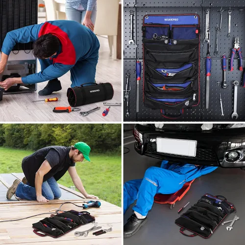 Vista 7 de WORKPRO Bolsa de herramientas enrollable, bolsa de herramientas enrollable con bolsillos desmontables, organizador de herramientas resistente con 6