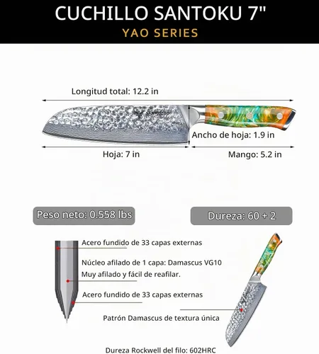 Vista 4 de Cuchillo Santoku de 7" - Cuchillo de chef japonés - Acero de Damasco martillado y mango de resina - Serie YAO