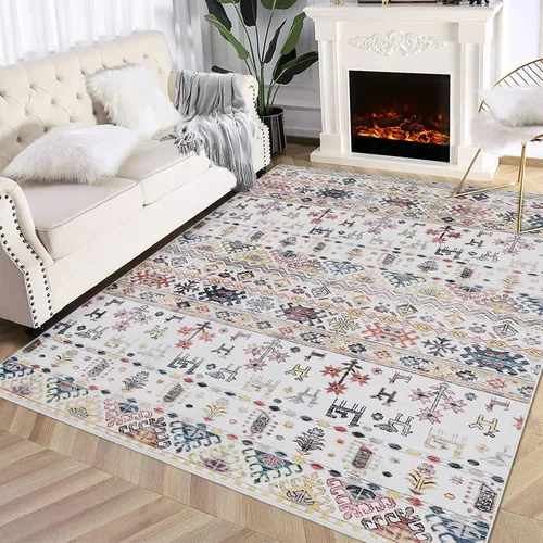 Vista 8 de GlowSol Alfombra bohemia de 4 x 6 pies, lavable, para dormitorio, antideslizante, alfombra marroquí, alfombra bohemia de pelo bajo, alfombra