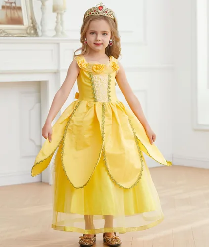 Vista 2 de iTVTi Disfraz de princesa Bella para niñas, vestidos amarillos, disfraz de Halloween, cosplay, cumpleaños, con accesorios