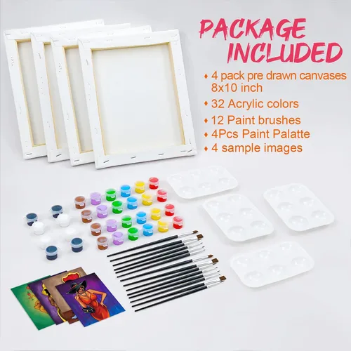 Vista 6 de Nuberlic Paquete de 4 pinturas elegantes de 8 x 10 pulgadas, lienzo predibujado para pintar para adultos Afro Queen sorbo y pintura, recuerdo