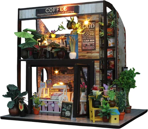 Vista 14 de Flever Kit de casa de muñecas en miniatura para bricolaje, habitación creativa con muebles para regalo romántico de San Valentín (Cat Cafe Garden)